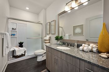 bathroom with shower sink and bluetooth speaker